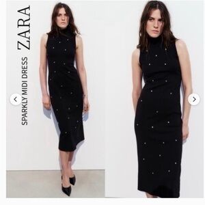 ZARA Black Sparkle-Embellished Sleeveless Midi Dress